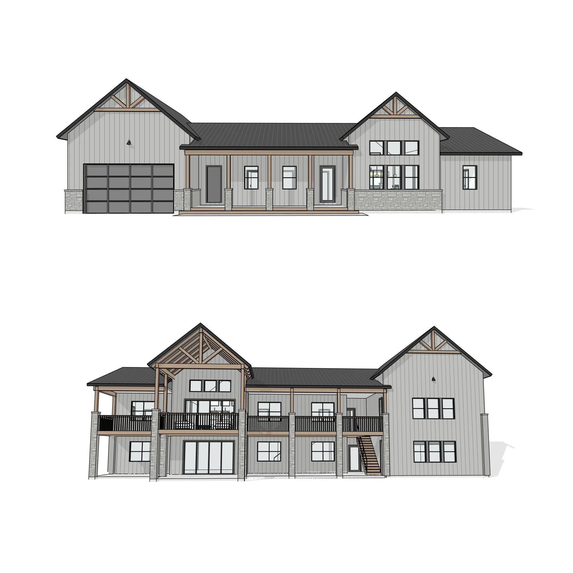 1 storey residence with attached garage and walkout basement.

#residence #garage #walkoutbasement #waterfront #balcony #timber #porch #stone #perspective #traditional #farmhouse #revit #architecture #aja #adamjodoinarchitectural #design