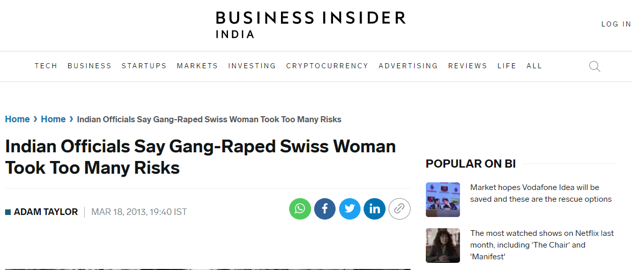 Indian Officials Say gang-raped Swiss woman took too many risks