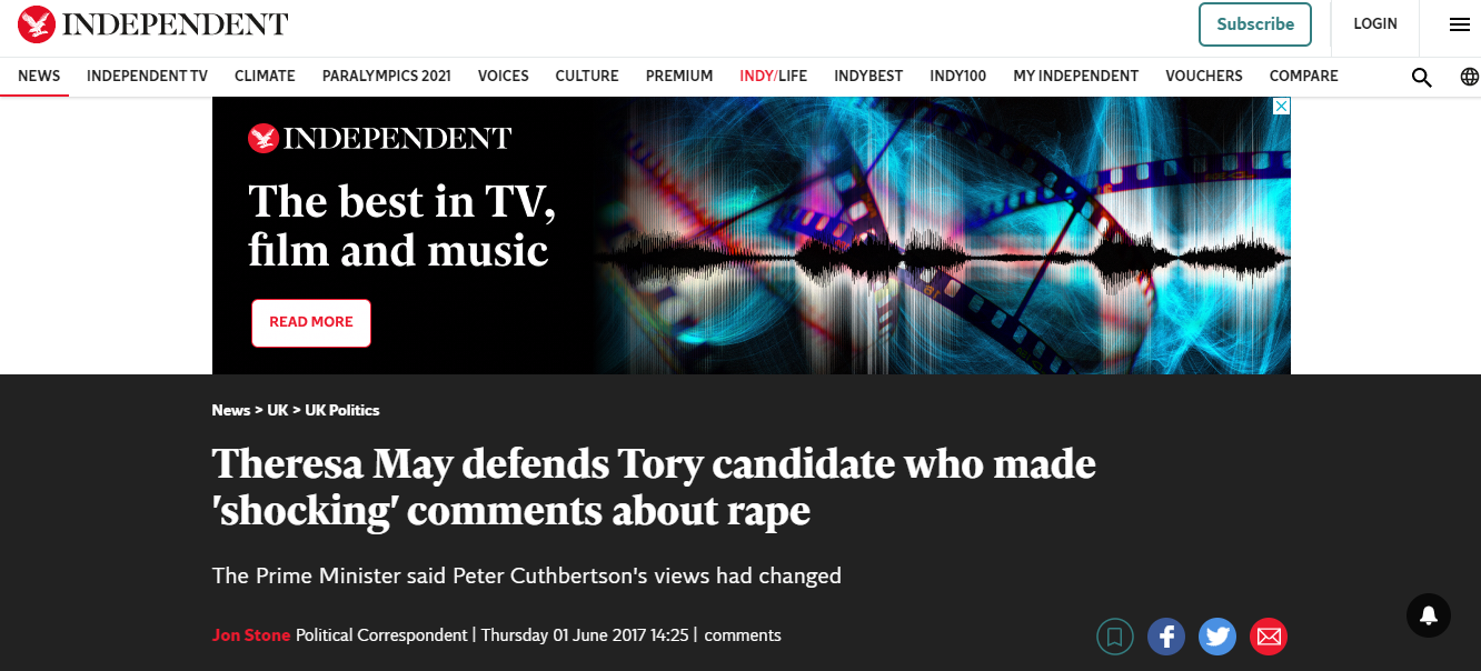 Theresa May defends Tory candidate who made 'shocking' comments about rape