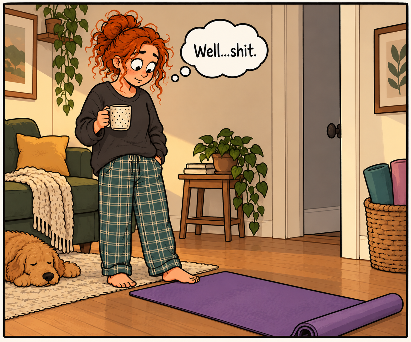 Cartoon of a red-haired woman holding coffee, looking at an unrolled yoga mat and thinking, ‘Well...shit.’ A humorous illustration of lowering the barriers to starting exercise with ADHD.