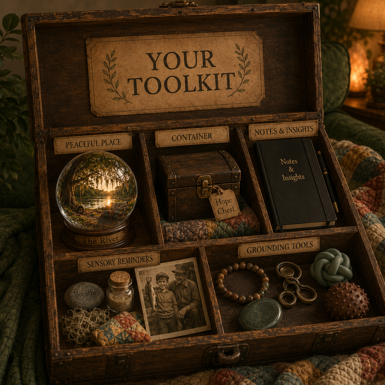 EMDR resource toolkit containing symbolic reminders of a Peaceful Place, Container, grounding tools, sensory cues, and notes