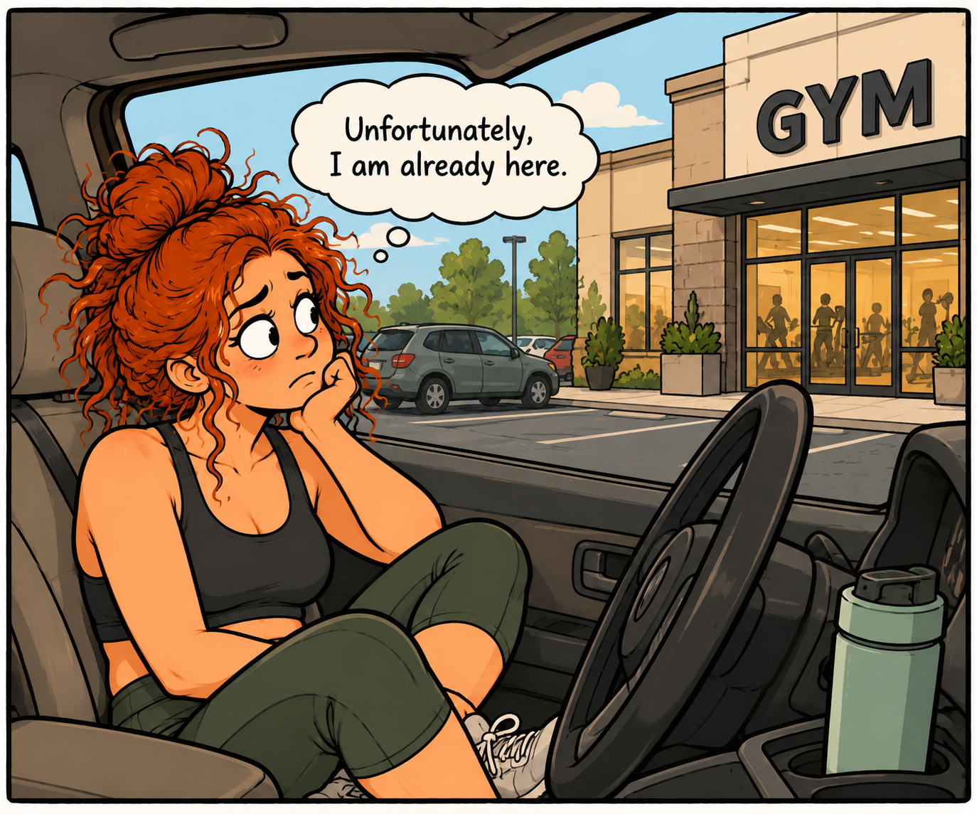 Cartoon of a red-haired woman in workout clothes sitting reluctantly in her car outside a gym, thinking, ‘Unfortunately, I am already here.’ Illustrates the ADHD foot-in-the-door technique of making exercise easier to start by taking one small step.