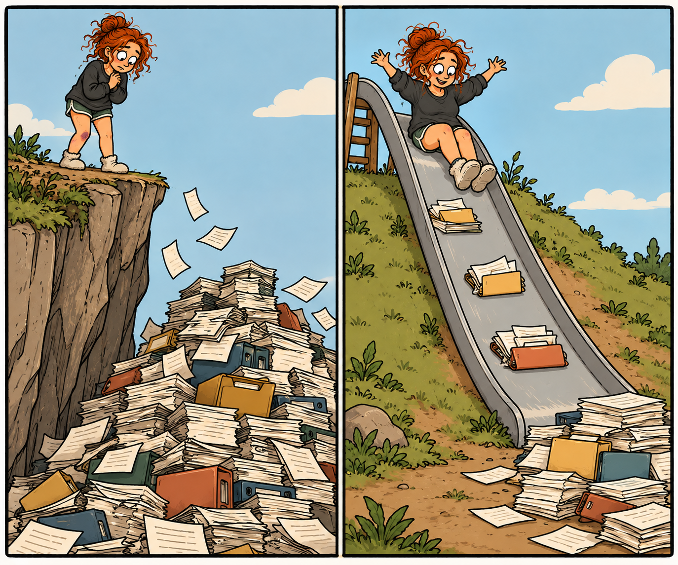 Two-panel cartoon showing a red-haired woman overwhelmed by a cliff of paperwork on one side and happily sliding past smaller stacks of files on the other. Illustrates how breaking ADHD tasks into manageable steps creates slides instead of cliffs.