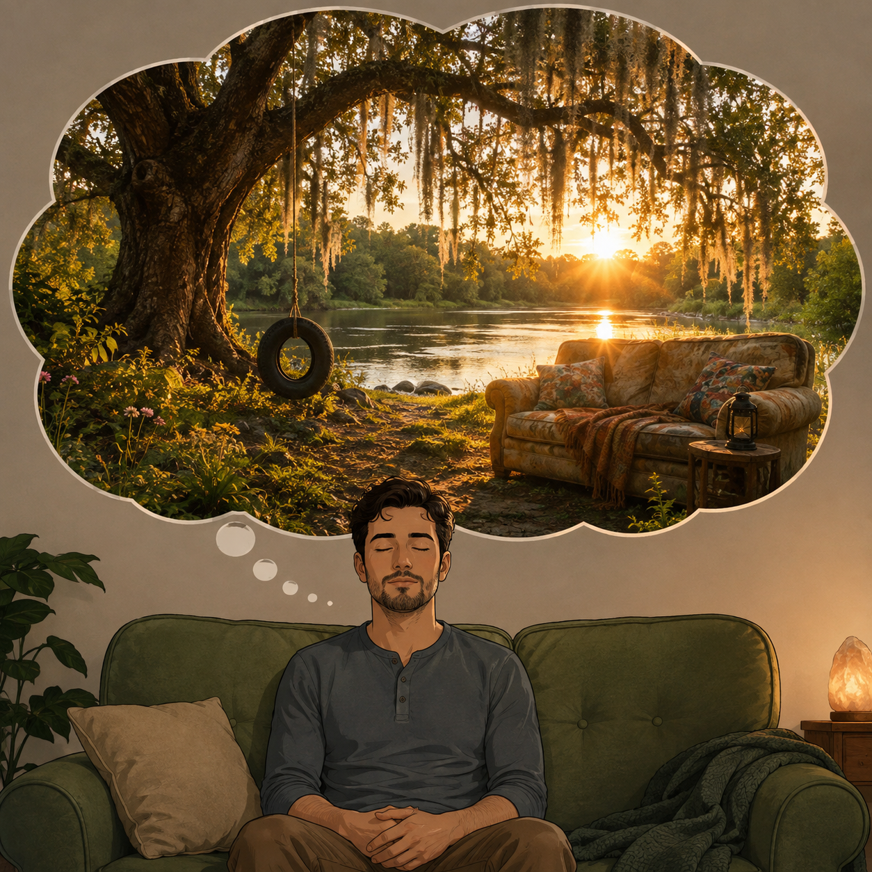 Illustration of a man imagining a peaceful riverside spot with a couch as an EMDR Peaceful Place exercise