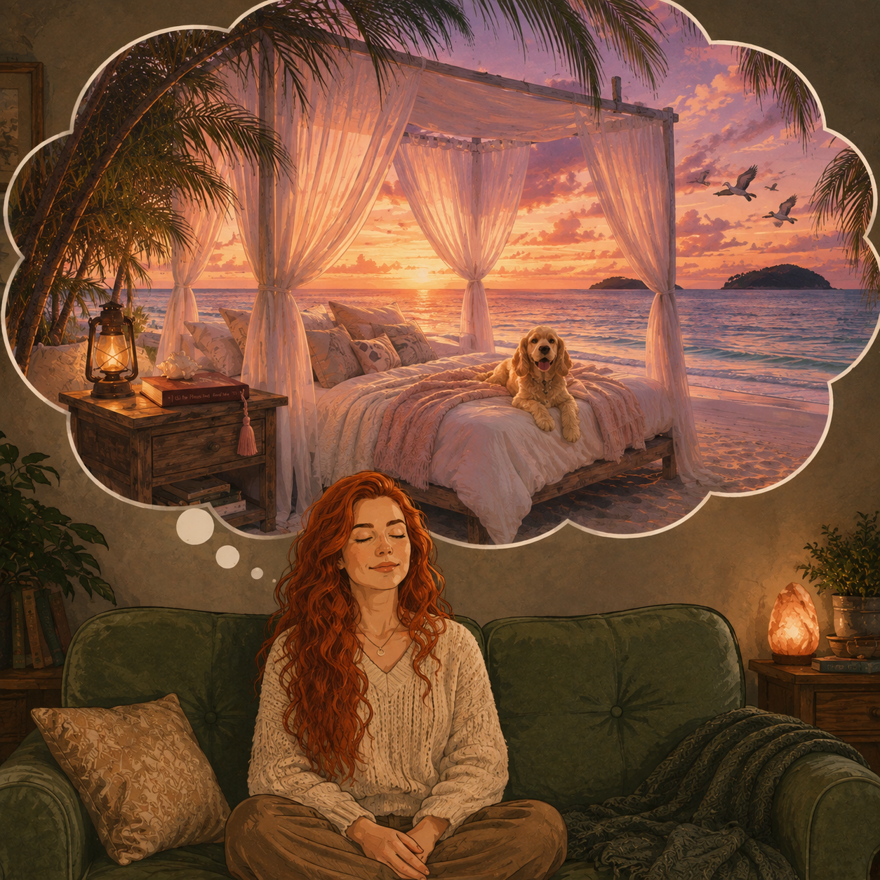 Illustration of a woman imagining a peaceful beach bedroom as an EMDR Peaceful Place exercise.