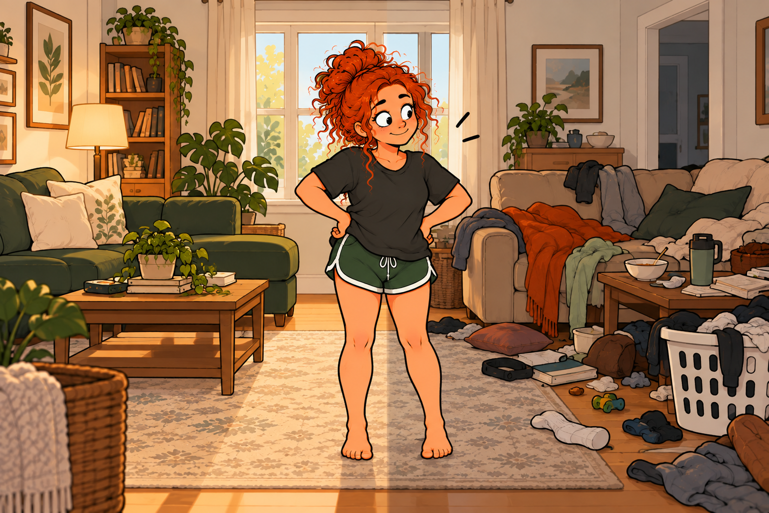 Cartoon of a red-haired woman standing proudly in a living room, one half spotless and organized, the other cluttered with laundry and household mess. Illustrates overcoming ADHD all-or-nothing thinking by celebrating partial progress.