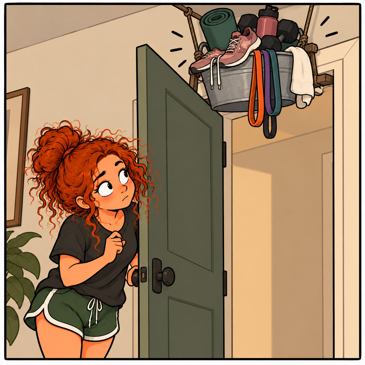 Cartoon of a red-haired woman cautiously opening a door and spotting a bucket of gym equipment rigged to fall on her. Humorously illustrates how turning a small first step into a hidden obligation can make ADHD task initiation feel like a trap.