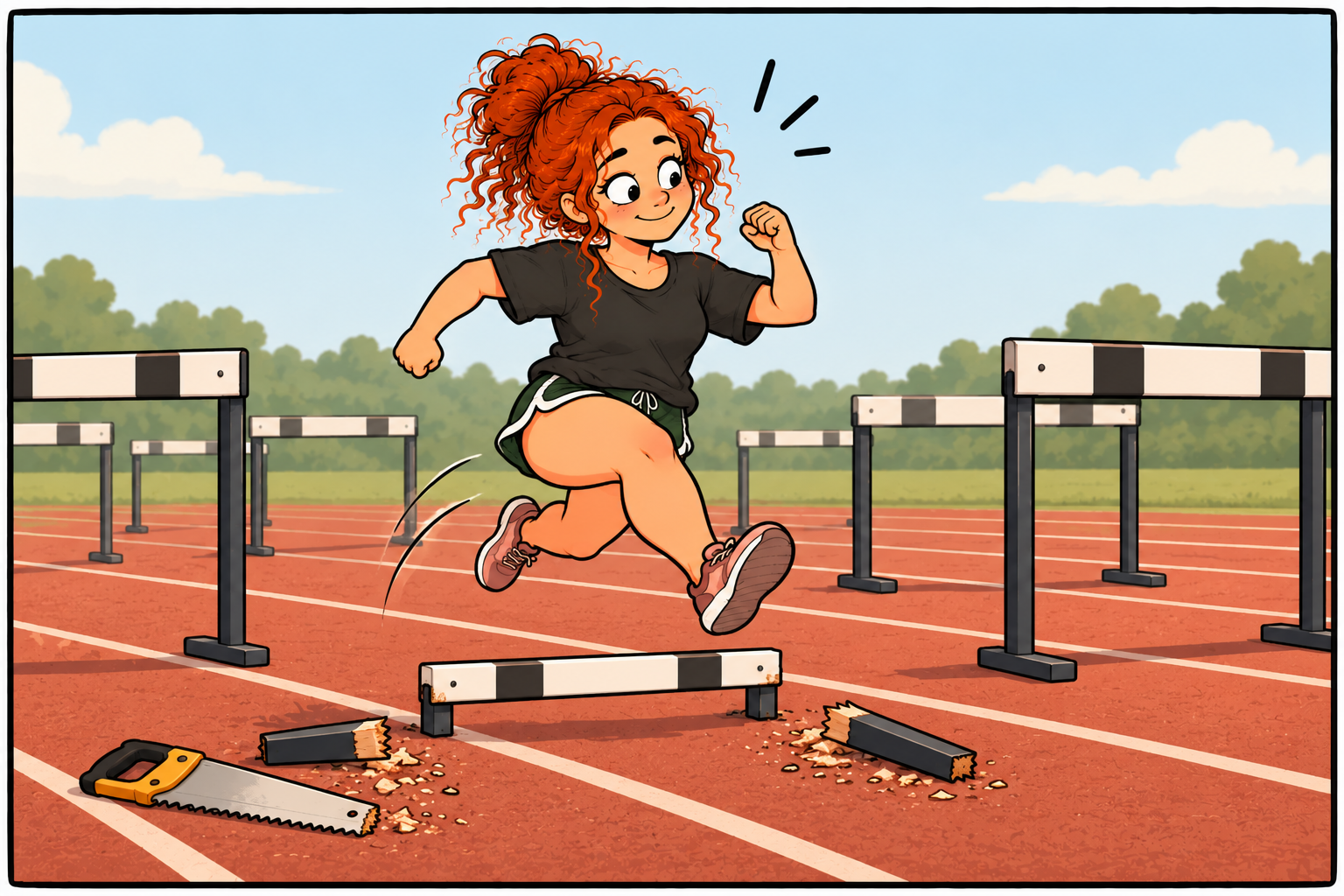Cartoon of a red haired woman easily jumping over a hurdle after sawing its legs shorter, while full-height hurdles remain in neighboring track lanes.  A saw and wood scraps lie nearby, illustrating how people with ADHD can make obstacles easier