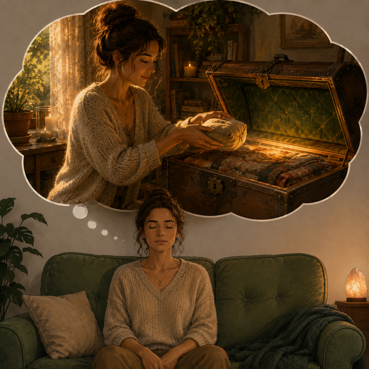 Illustration of a client imagining placing difficult material into a secure hope chest during an EMDR Container exercise.
