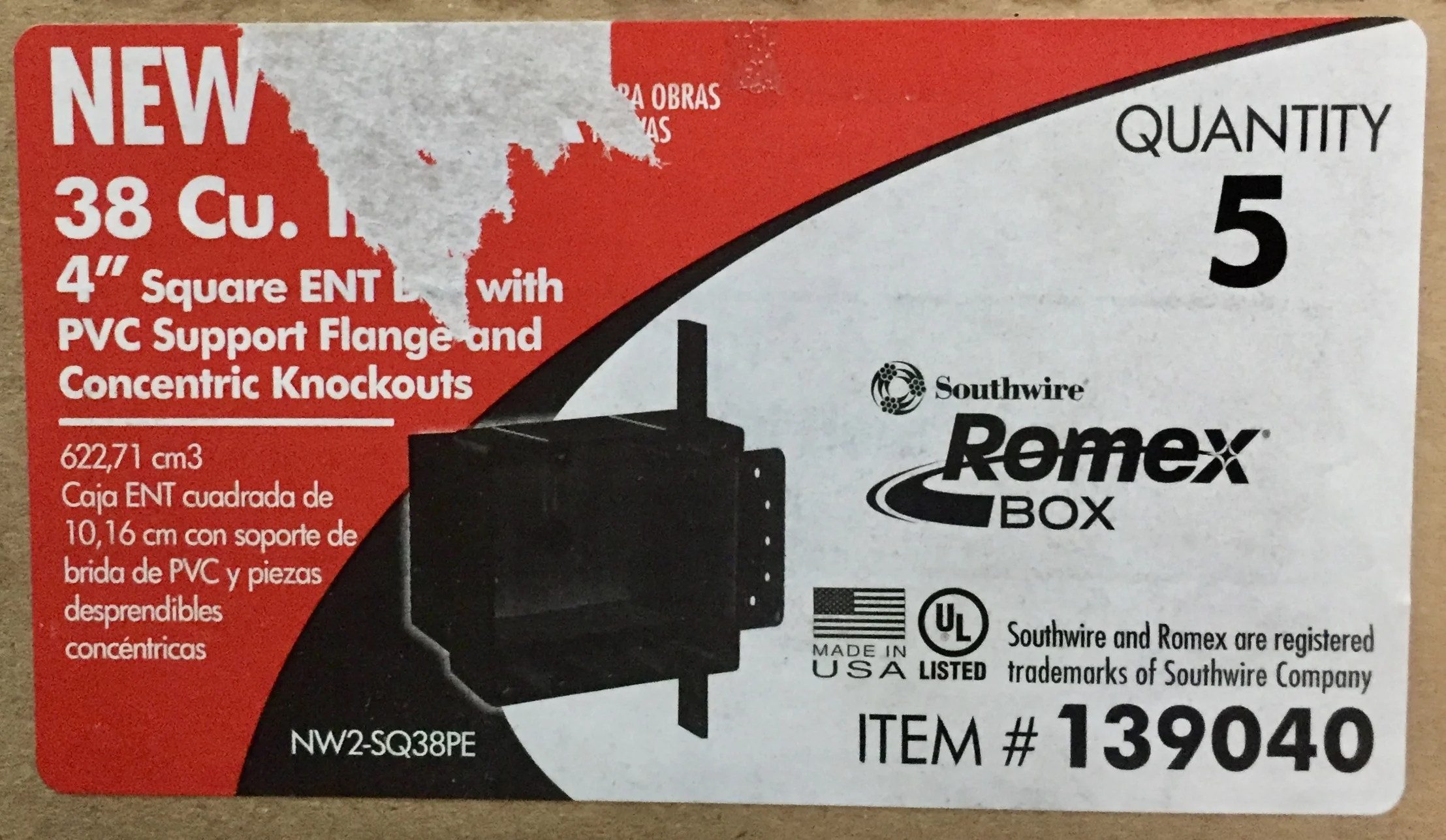 38 Cu. In. 4" Square ENT Box with PVC Support Flange (box of 5)