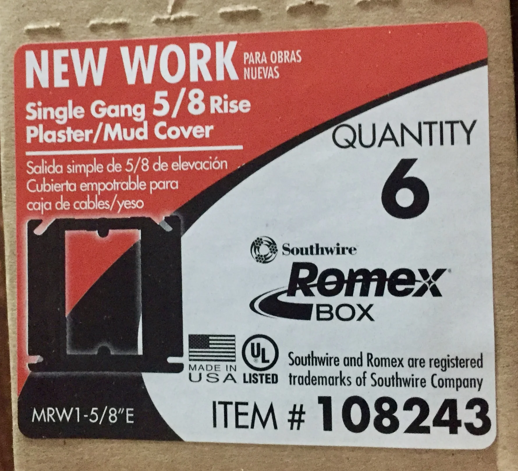 Single Gang ⅝" Rise Mud Cover (box of 6)