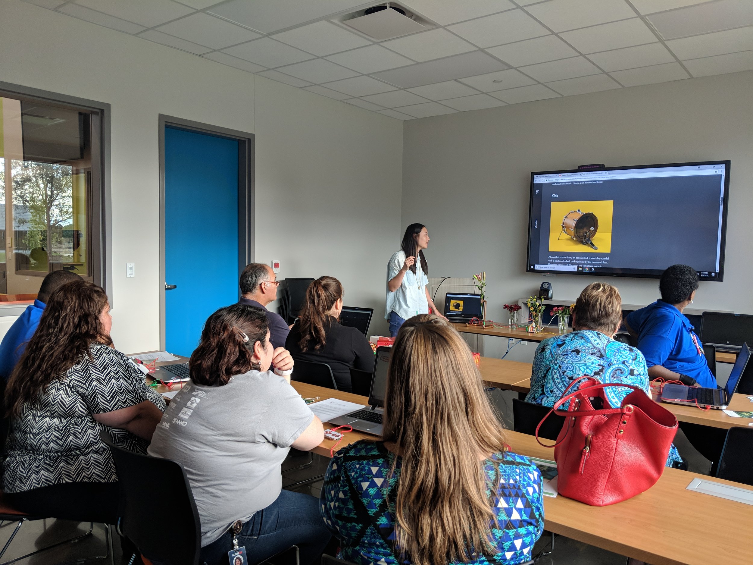 Beyond the Banana - Build a Flower Drum Set: Code Park’s professional development session for Aldine ISD Digital Learning Specialists and Librarians. Wanjun shows educators how to incorporate beat-making into STEM and Computer Science education. Courtesy of Amanda Shih . September 6th, 2018.