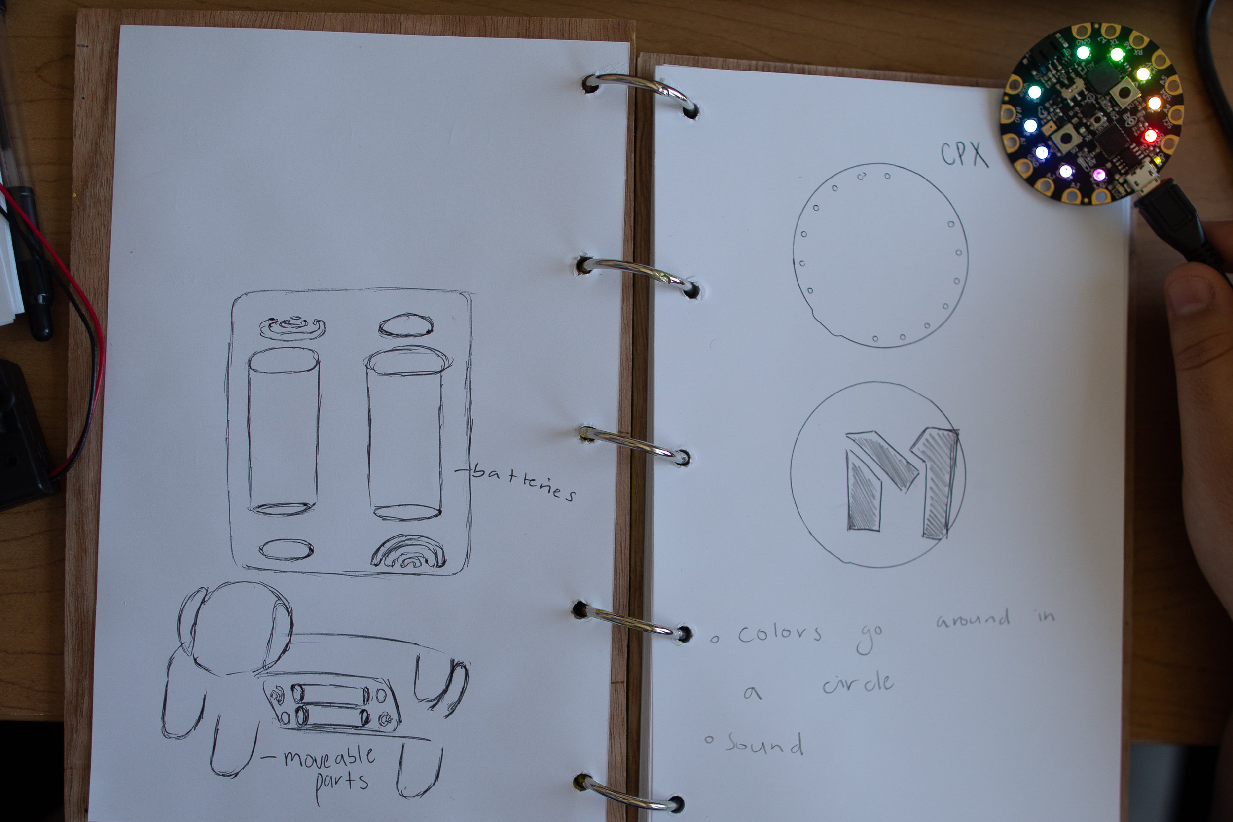 Example : A student’s design journal in Code Park’s Invent to Learn Program at Fab Lab Houston. She is prototyping a design by describing the behavior of her circuit board as well as making a drawing of a 3D printed design. July 2018. Courtesy of Wanjun Zhang.
