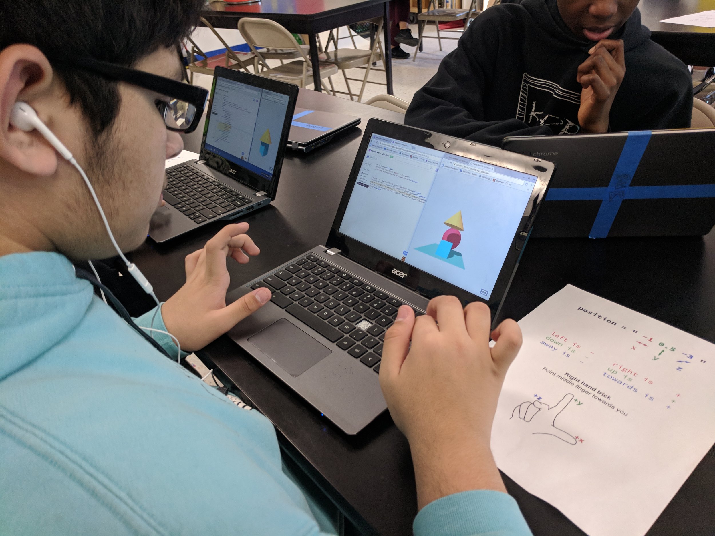 Example : In Code Park’s Create Your Own Virtual Reality workshop at KIPP Academy, a student learns how to code his own VR environment with HTML, CSS and Javascript. April 2018. Courtesy of Wanjun Zhang.