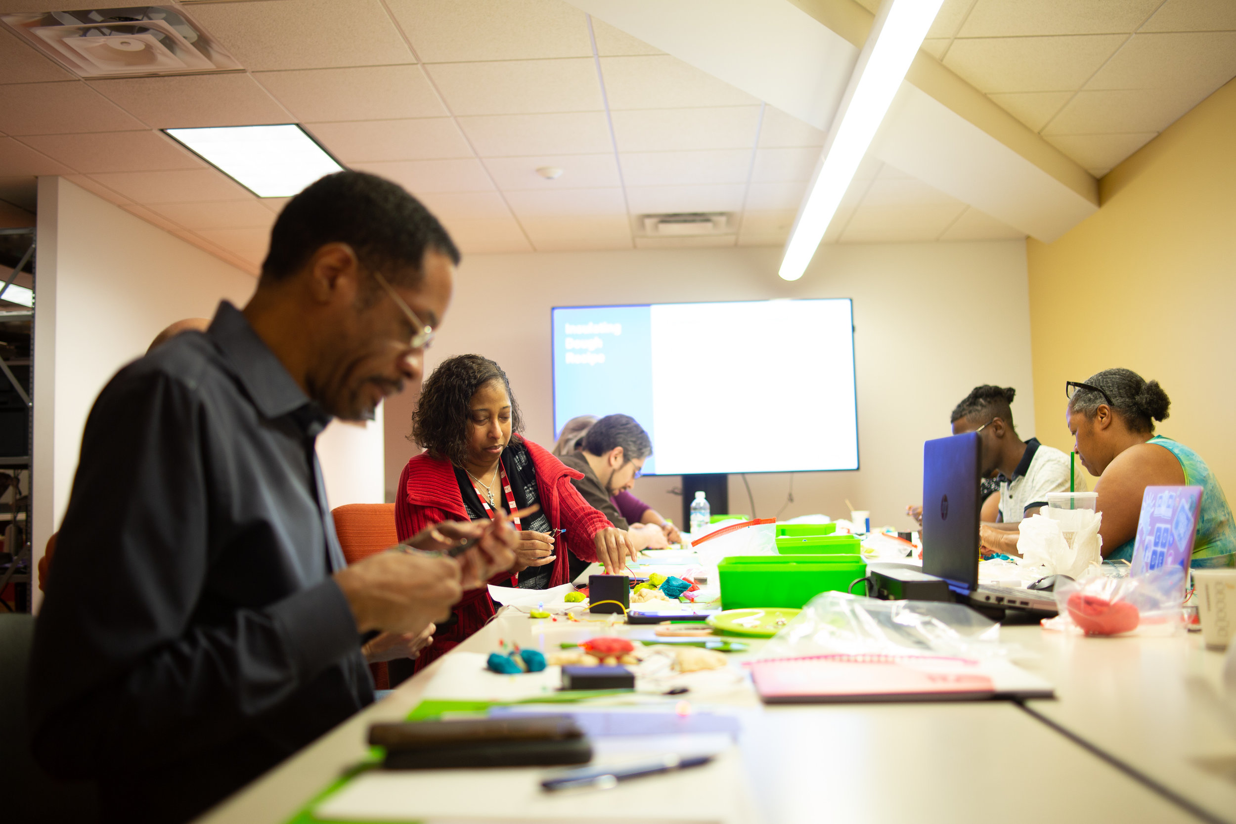 Example : In Code Park’s Train the Trainers session, Houston Public Library’s Techlink staff learn how to teach some of our workshops - Paper Circuits, Squishy Circuits, ASCII Art and Creative Coding. April 2018. Courtesy of Wanjun Zhang.