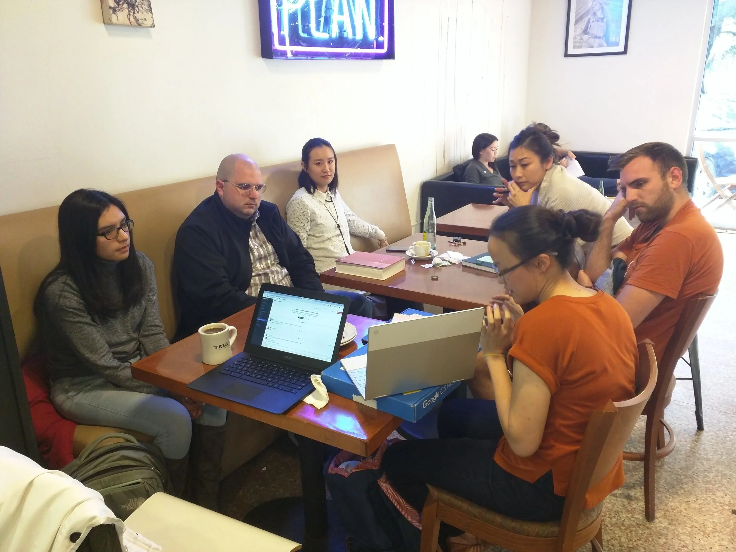 Amanda onboards volunteer teachers. Claudia, Daniel (our awesome compliance czar), Wanjun, Brenda, Steven, and Amanda. Courtesy of Benjamin Ochoa. January 19th, 2019.