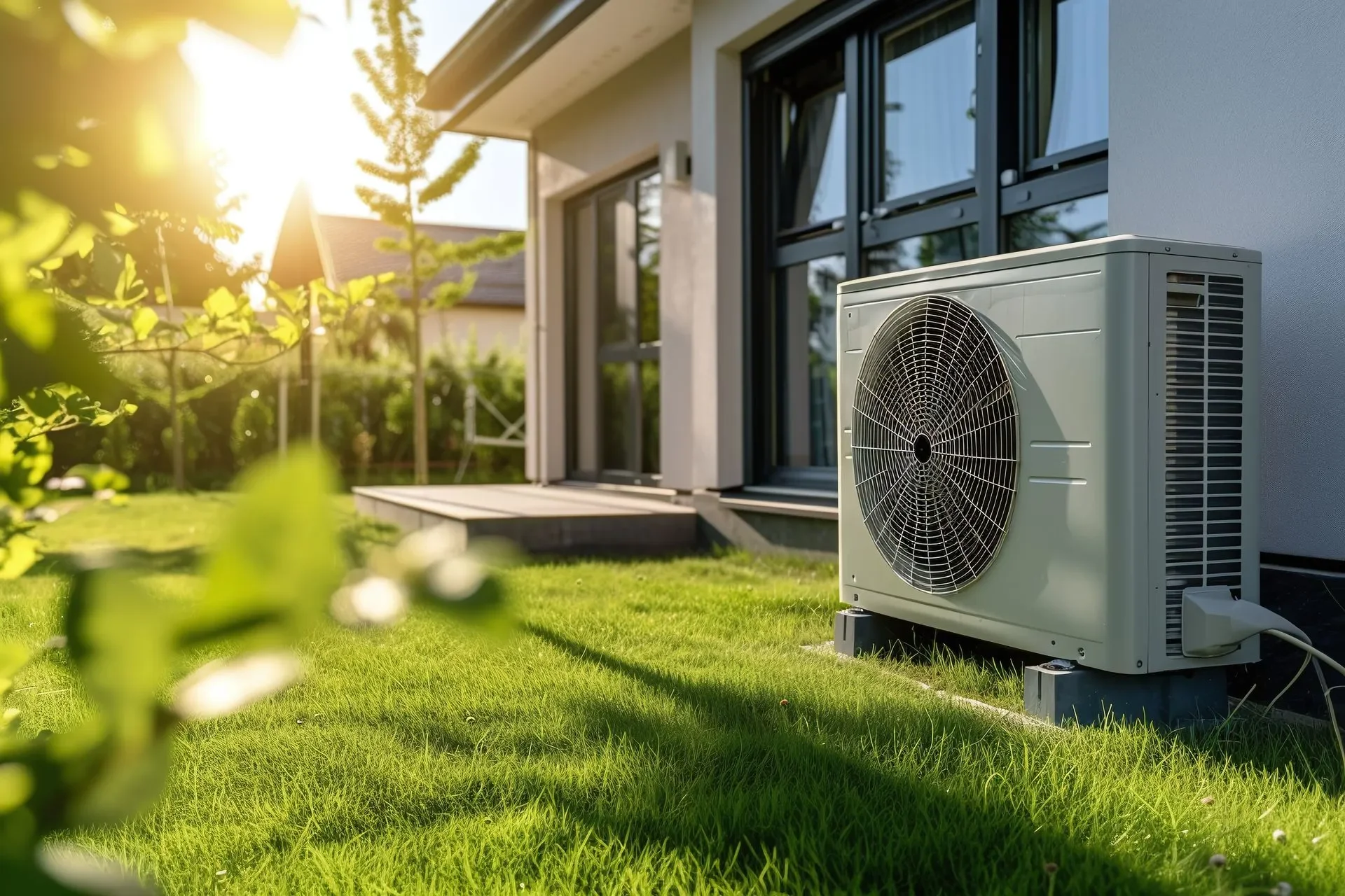 A residential air conditioning outdoor unit installed on a grassy lawn in front of a modern house with large windows, under sunlight in the late afternoon.
