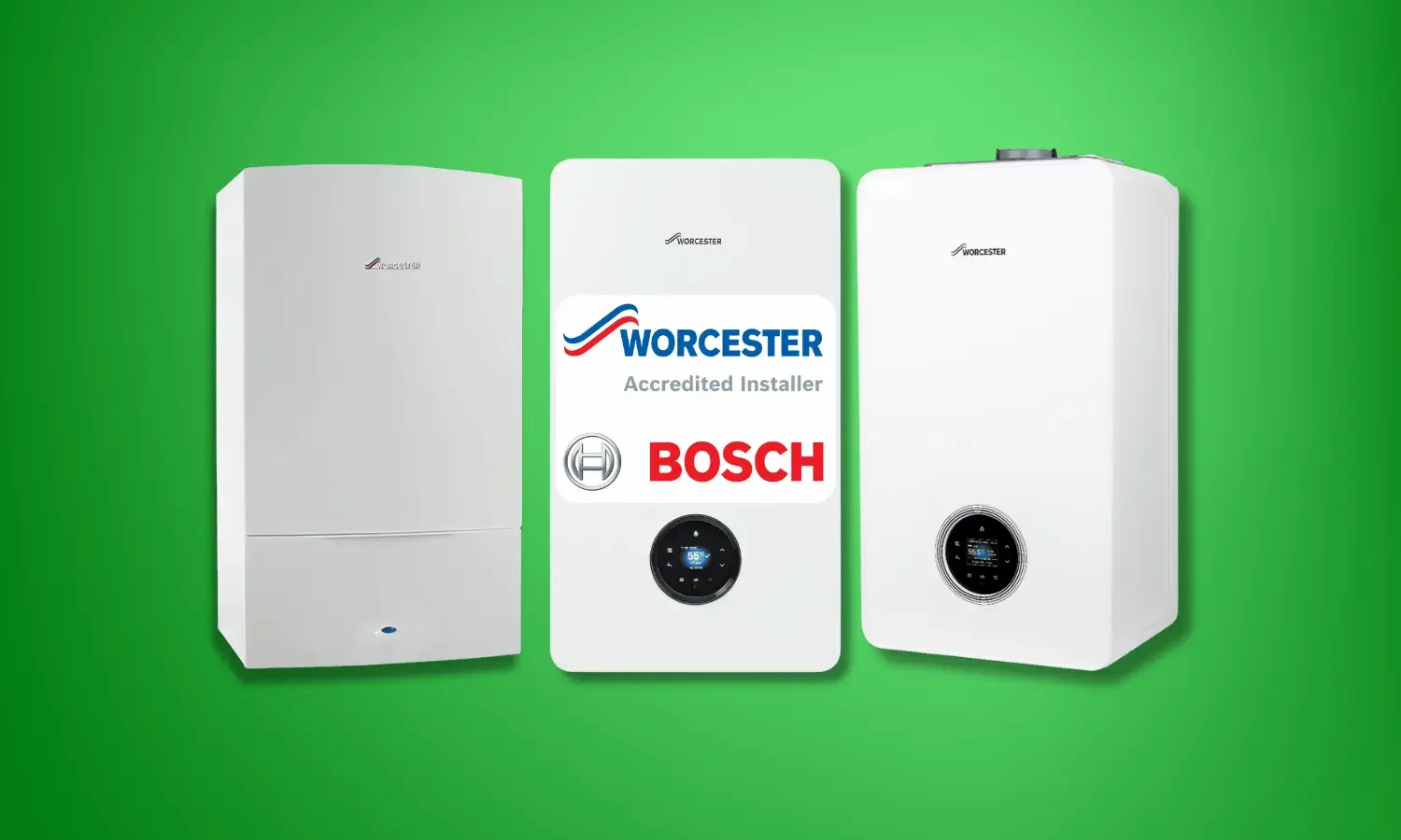 Two modern white boilers with digital displays on a green background, middle device showing badges for Worcester and Bosch brands.