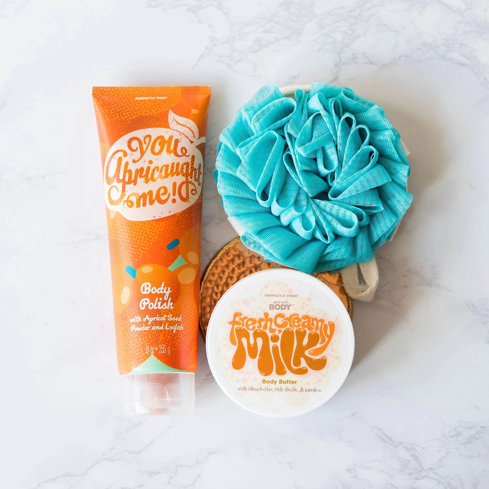 Perfectly Posh Fresh Creamy Milk Body Butter, Perfectly Posh You Apricaught Me! Body Polish, shea butter body butter, Posh body butter, Posh body scrub, body butter and scrub pairings