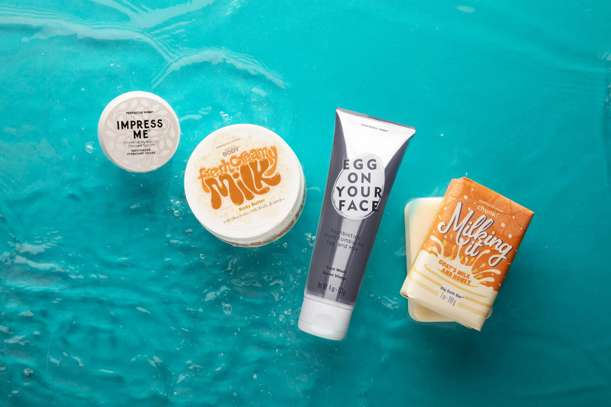 Poshbiotics, prebiotic skin care, probiotic skin care, soothing skin care, naturally based skin care for sensitive skin, Perfectly Posh Fresh Creamy Milk Body Butter, Perfectly Posh Egg on Your Face Face Wash, Perfectly Posh Milking It Chunk Big Bath Bar, Perfectly Posh Impress Me Intensive Hydration Pressed Serum Face Moisturizer