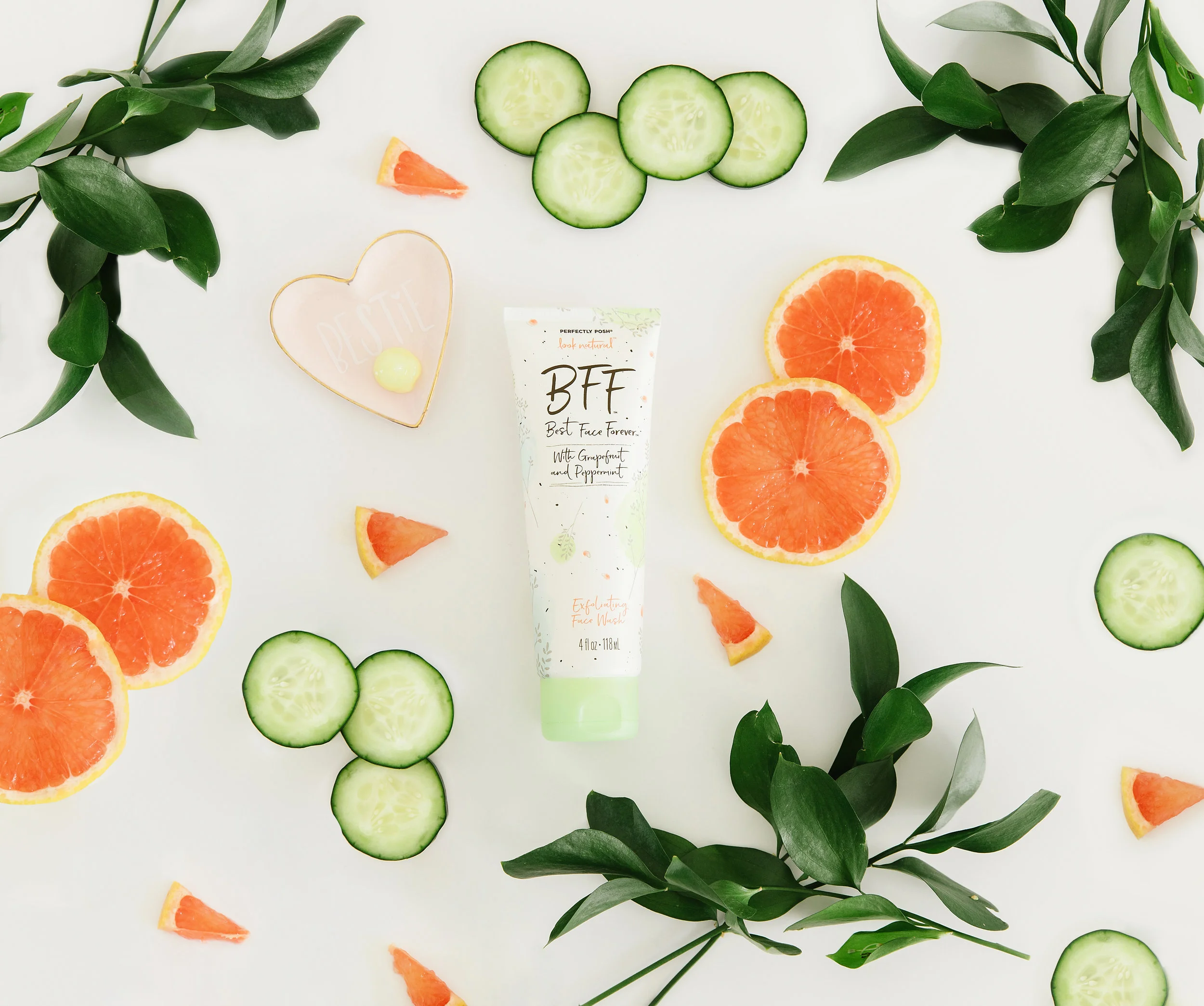 Perfectly Posh BFF: Best Face Forever Face Wash styled with grapefruit and cucumber, naturally based exfoliating face cleanser with all vegan ingredients and grapefruit and peppermint essential oils
