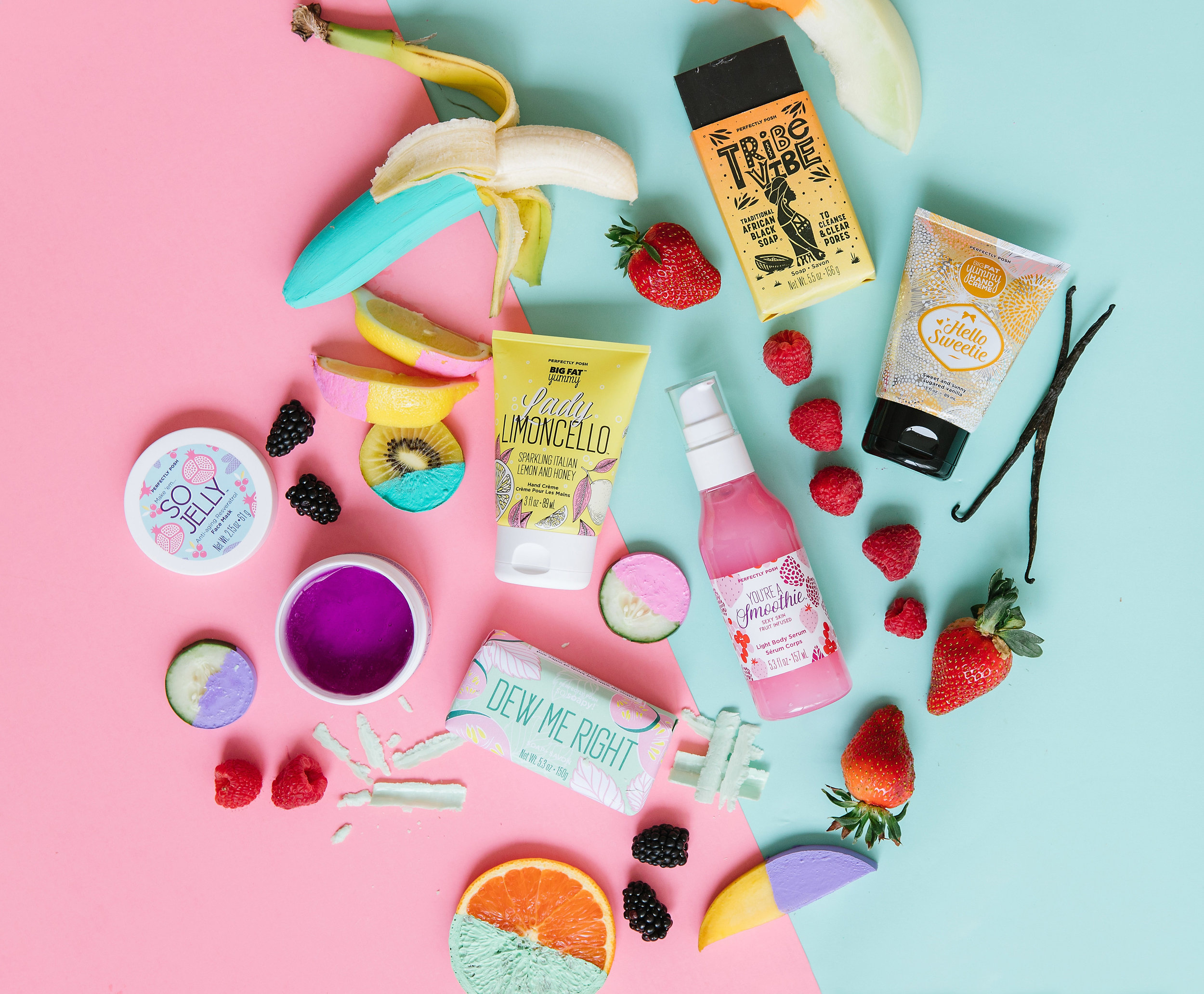 Perfectly Posh Spring 2019 product lineup, Dew Me Right So Soapy Bath Bar, You’re a Smoothie Body Serum, Hello Sweetie Big Fat Yummy Hand Cream, Lady Limoncello Big Fat Yummy Hand Cream, So Jelly Anti-Aging Face Mask, Tribe Vibe Traditional African Black Soap with sustainably sourced shea butter from the Shea Sisterhood