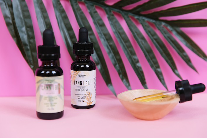 Perfectly Posh 1,000 mg CBD Cann I Be So Extra and Cann I Be So Extra Trop the Beat full-spectrum CBD oil drops for soothing relaxation and pampered skin with dropper and palm leaf backdrop