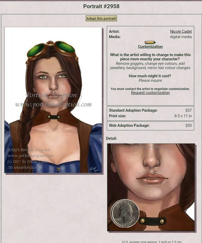 And this gal is available over at Portrait Adoption if you want her to represent your character!