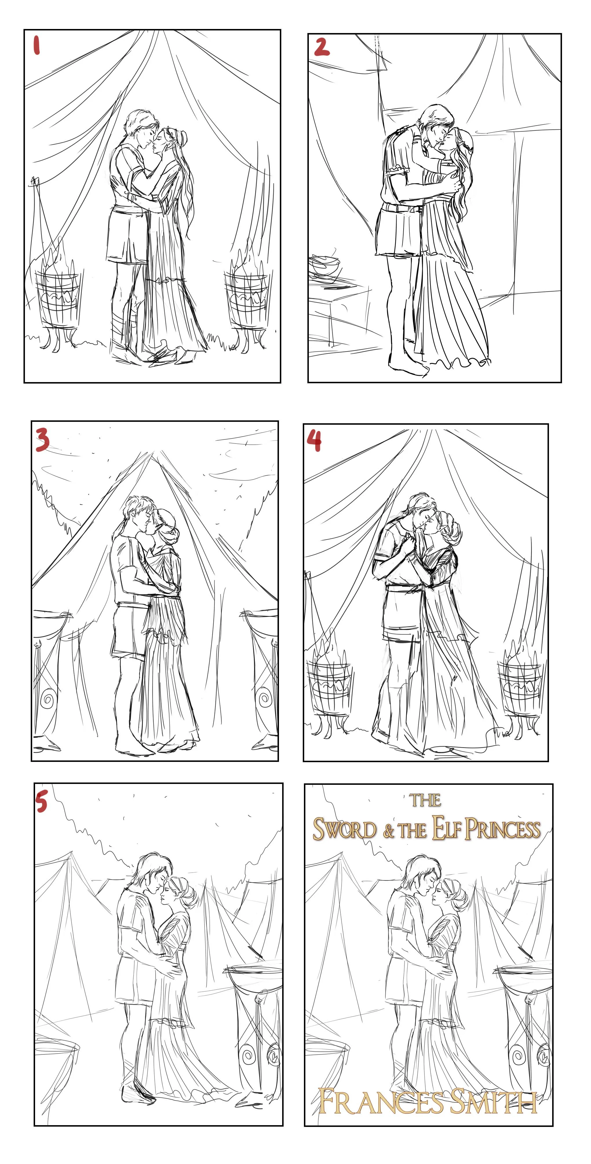 Some thumbnail sketches with a final showing where the text would go, because this was already fairly well established. The brief was an elf maiden with silver hair and Michael's brother kissing or touching faces, or something fairly romantic. One of the challenges is that one of the main characters from the previous books has white hair, is not an elf, but I needed to try and make them look different enough.