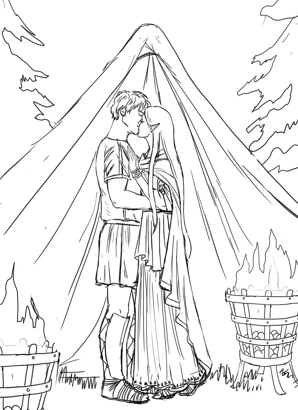 The lineart, including some changes the client requested like moving the biers, and adding a cloak. We decided on putting her hair down even though in an Ancient Roman setting this would have been a bit taboo! Not even a head scarf! Makes sense where it is in the story, plus fantasy! She's an elf!