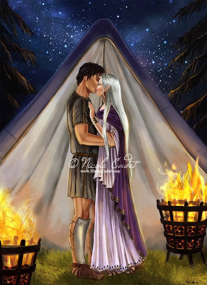 The last book that I've done in the series, with an Elven princess. The costume is still based on Ancient Greek and Roman costumes. I looked up a tonne of references for tents and biers, and then went a little fantasy