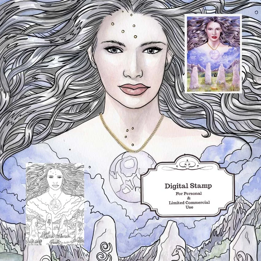 Digital Stamp Instant Download - Cerridwen Goddess - Fantasy Adult Colouring Line Art for Cards &amp; Crafts by Nicole Cadet