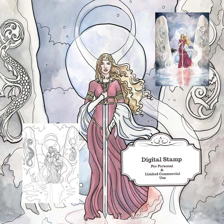 Digital Stamp Instant Download - Lady of the Lake - Fantasy Adult Colouring Line Art for Cards &amp; Crafts by Nicole Cadet
