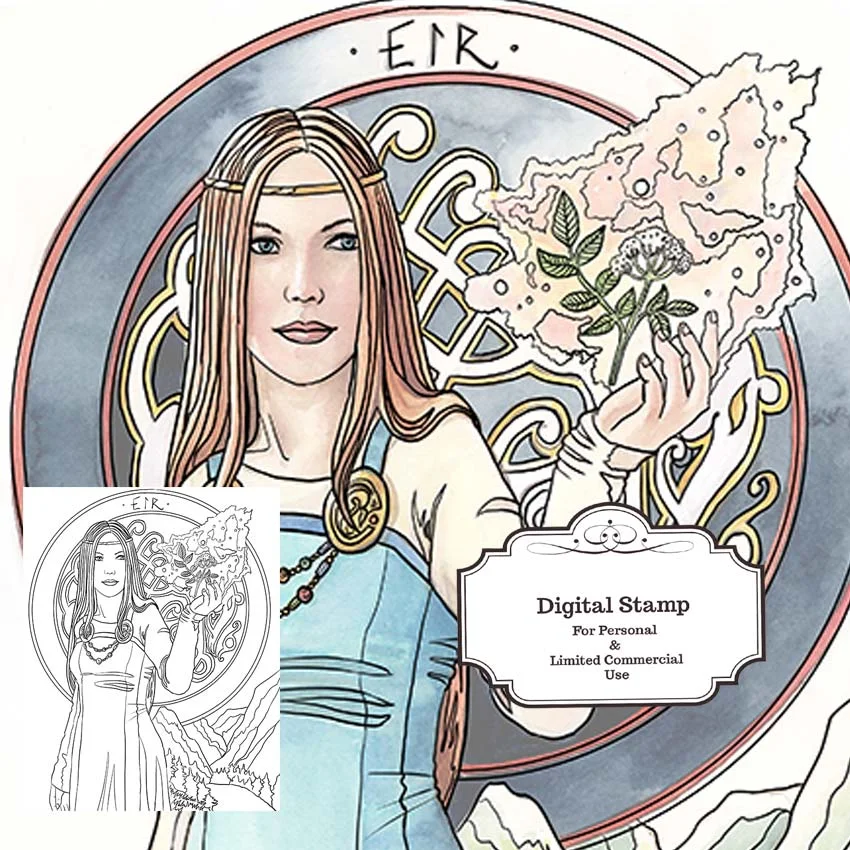 Digital colouring page - Instant Download - Eir Norse Goddess - Fantasy line art for Cards &amp; Crafts by Nicole Cadet