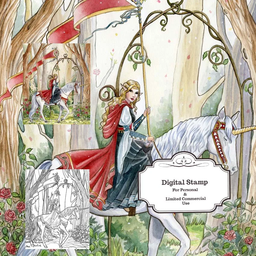 Digital colouring page - Instant Download - Rose Unicorn - Fantasy line art for Cards &amp; Crafts by Nicole Cadet