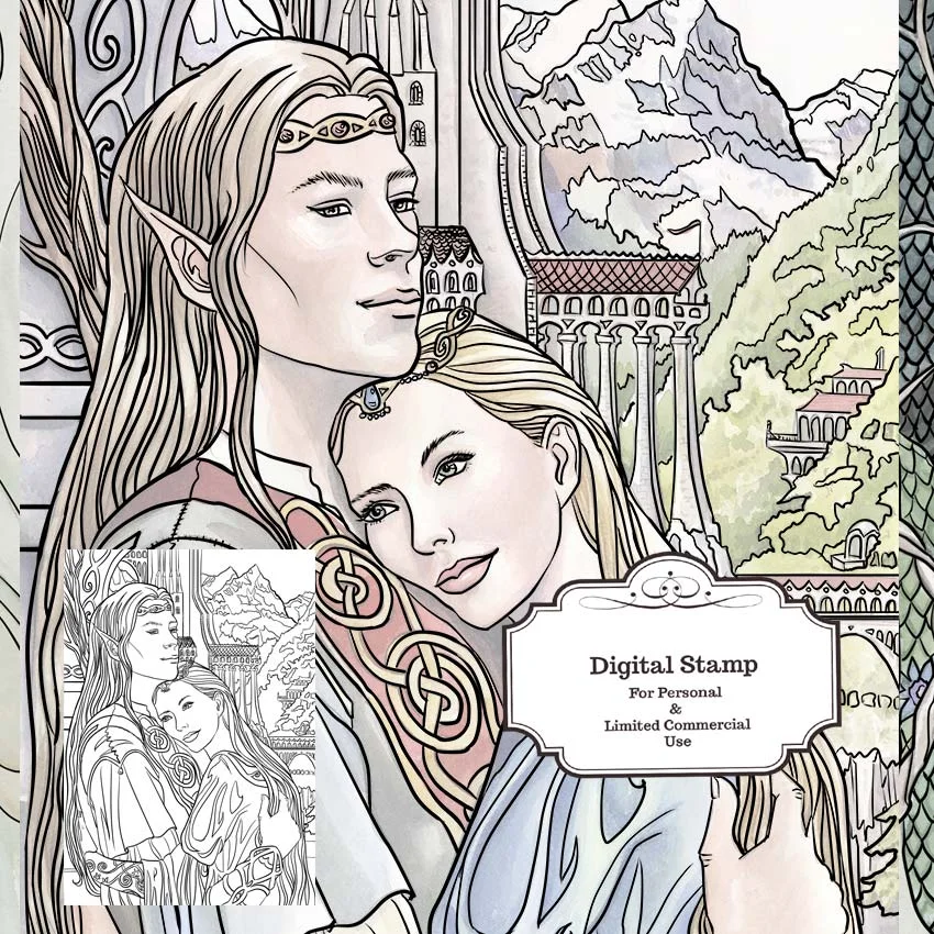 Digital colouring page - Instant Download - Caught in the moment - Elf and human romance fantasy line art for Cards &amp; Crafts by Nicole Cadet