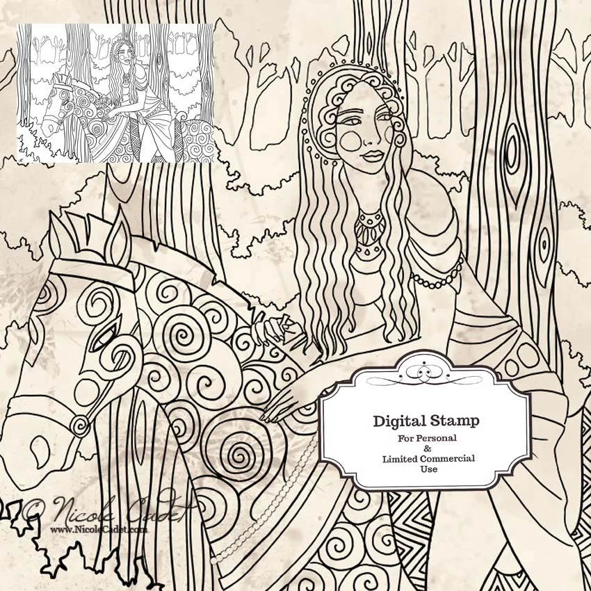 Digital colouring page - Instant Download - Epona goddess line art for Cards &amp; Crafts by Nicole Cadet