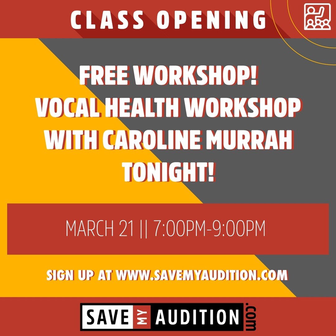 FREE WORKSHOP!

Vocal Health Workshop with Caroline Murrah tonight.

Come join us!

March 20, 2024
7PM-9PM
Midtown Manhattan

Sign up at www.SaveMyAudition.com
