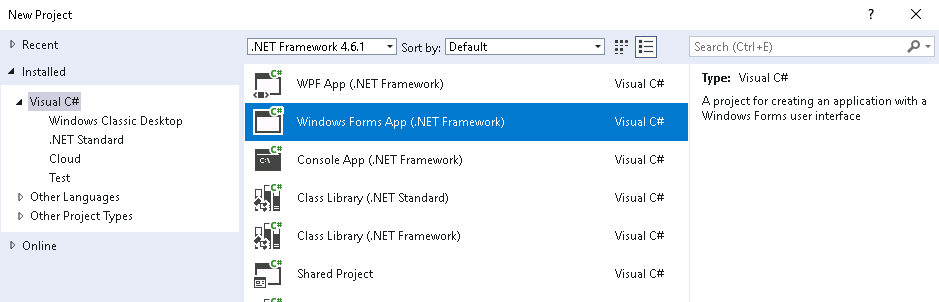 Creating a new project in Visual Studio.