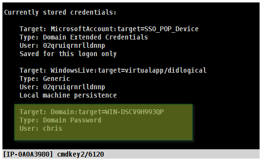 After checking for cached credentials via "cmdkey /list", we see something of interest...
