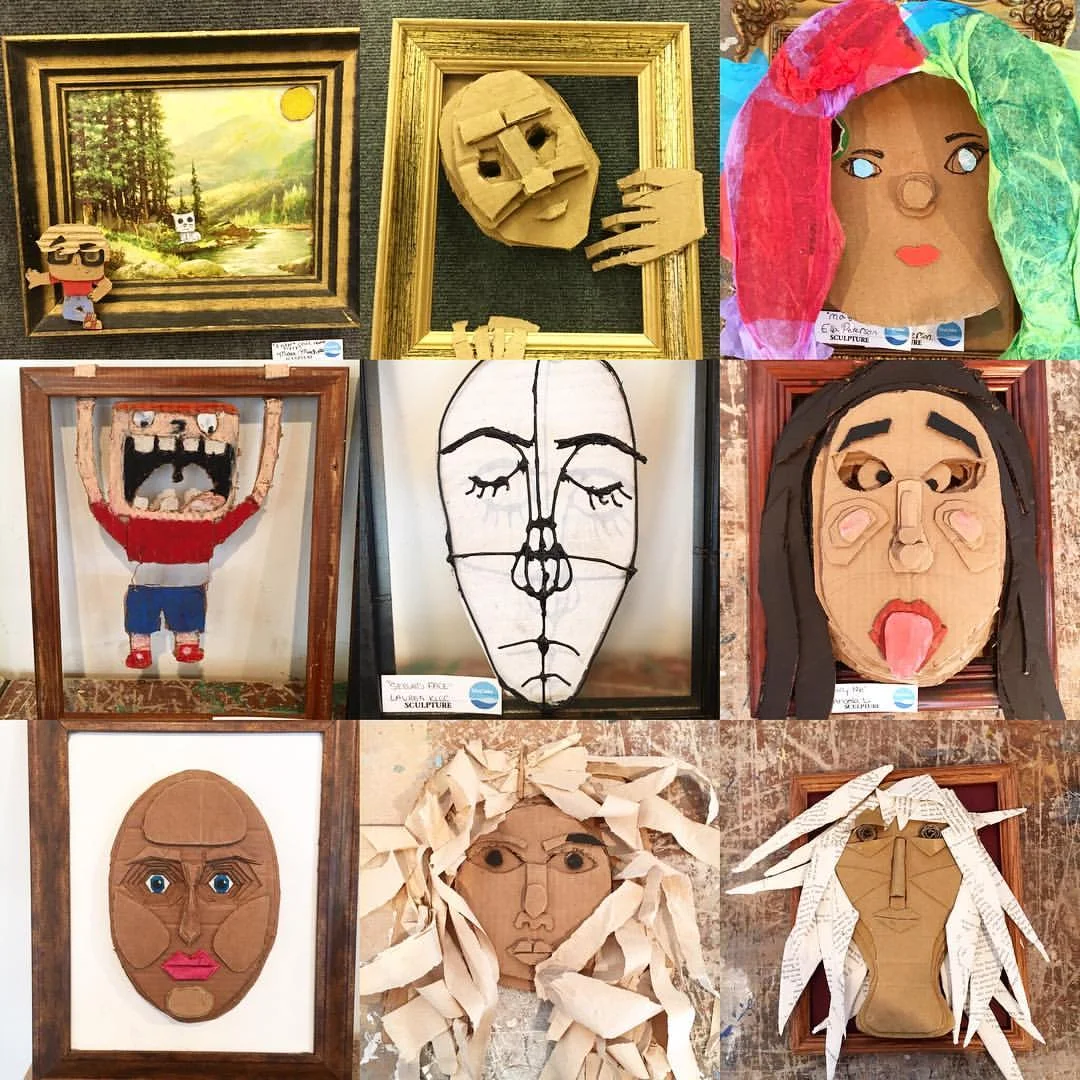 Middle School student work from the "Cardboard Self Portrait" project in 2016. Materials: cardboard, paint, found objects, tissue paper, books, wire