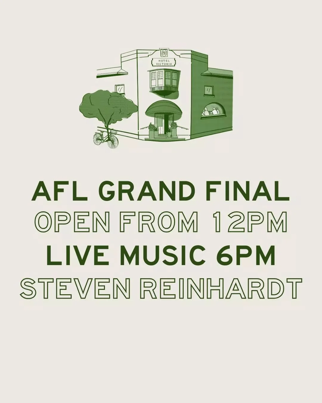 We&rsquo;re open from 12pm today with the AFL Grand Final live and loud on the big screens, from pre-game all the way to the final siren.

Stick around after the match for @stevenmreinhardt live from 6pm!