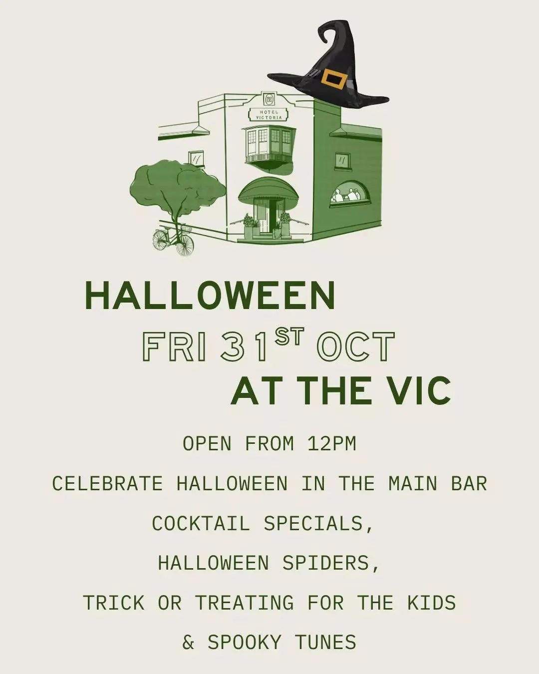 Kick off your trick-or-treating at The Vic this Halloween!&nbsp;

We&rsquo;ll have cocktail specials for the grown-ups, Halloween-themed spiders and candy for the kids, plus spooky tunes to set the mood. It&rsquo;s the perfect spot to start or end yo