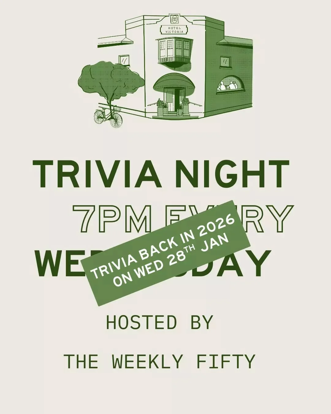 Trivia is taking a short break and will be back in 2026 on Wednesday, 28th January! 

Join us in the bar for dinner instead - open from 4pm!