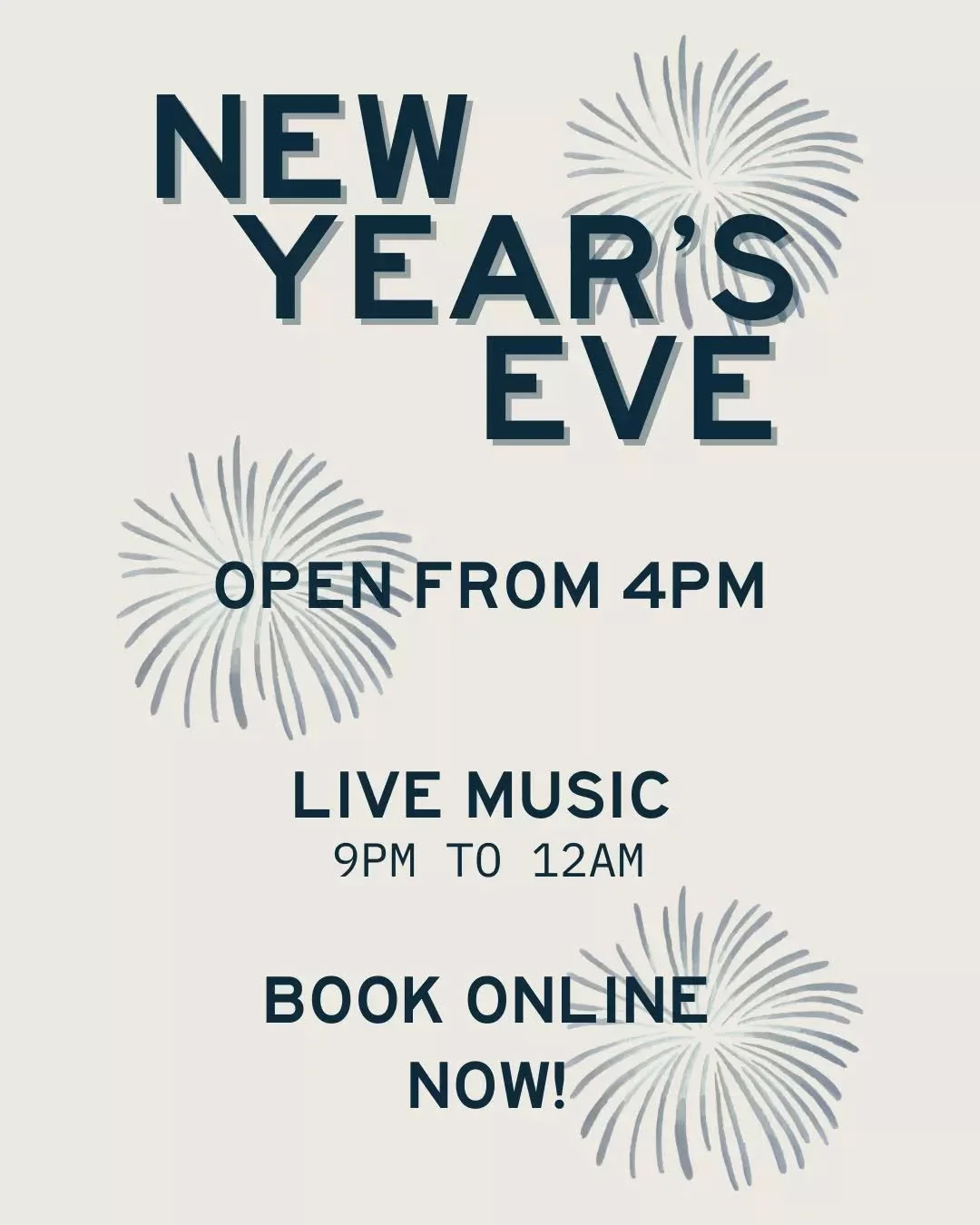 Happy New Year's Eve!

Join us at The Vic from 4pm, with live music from 9pm to 12am to ring in the New Year.

Book online or walk in from 4pm.

The Vic will be closed on Thursday 1st of Jan, back on Friday 2nd of Jan.