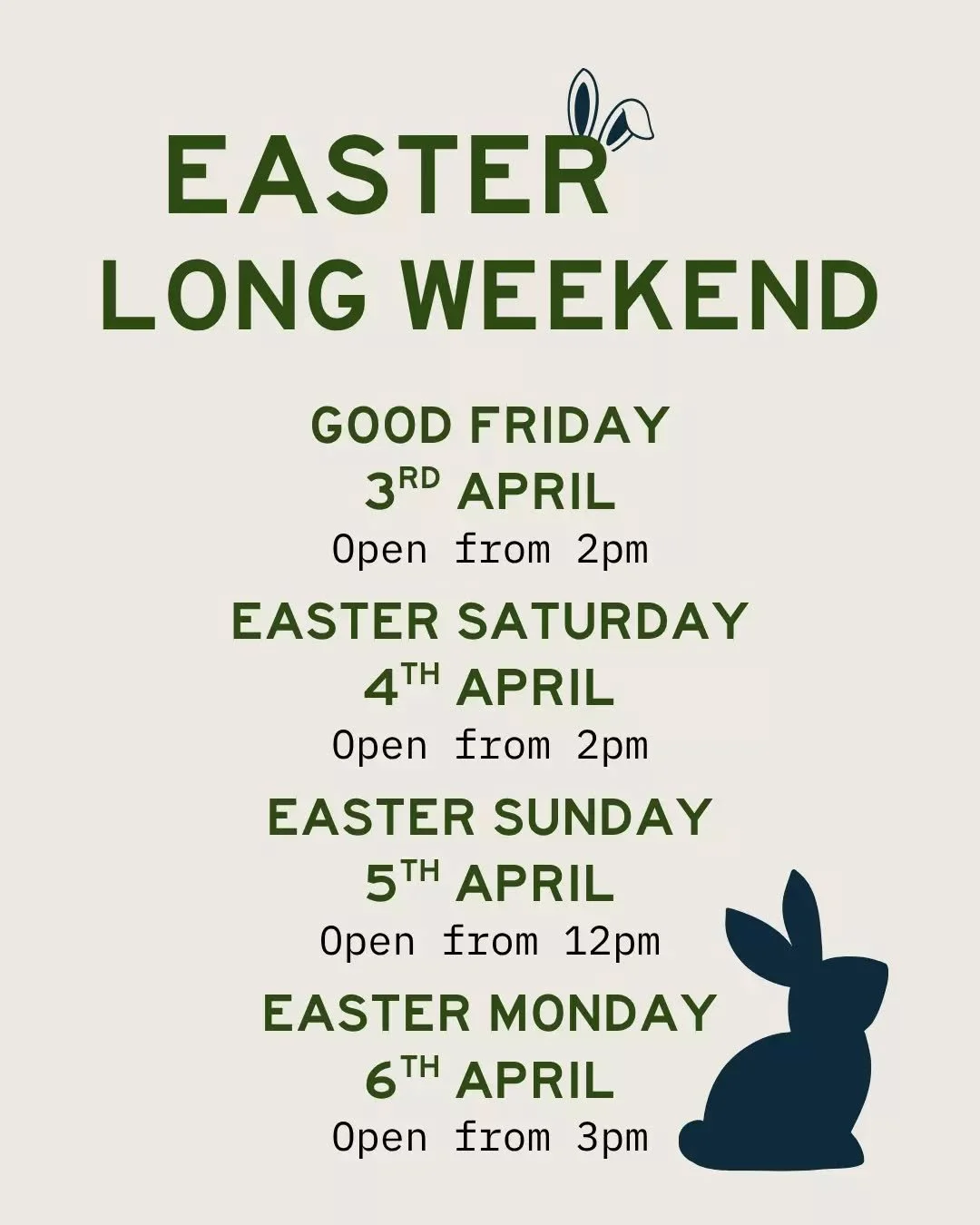 The long weekend is almost here! 

Join us for our Easter roast lamb all weekend with duck fat potatoes, broccolini, carrots and house-made gravy. 

On Good Friday, enjoy pan-fried barramundi with salsa verde and olives. 

Footy live all weekend!