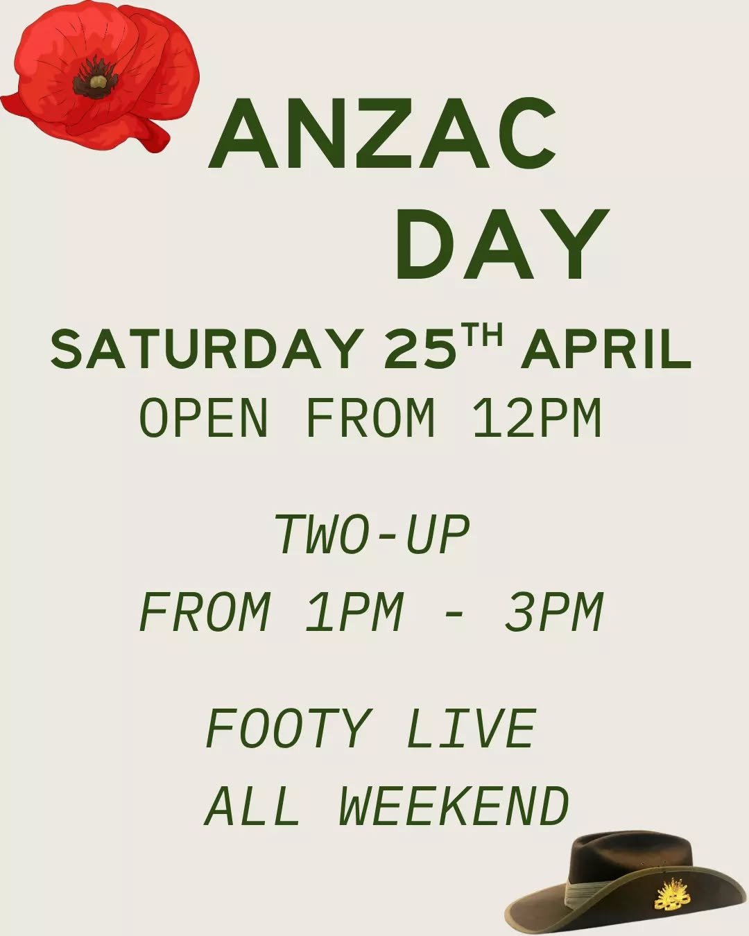 ANZAC Day is next weekend, and we'd love to see you at The Vic. 

Join us from 12pm, Two-Up from 1-3pm, and footy live all weekend. 

Bookings available, walk-ins always welcome.