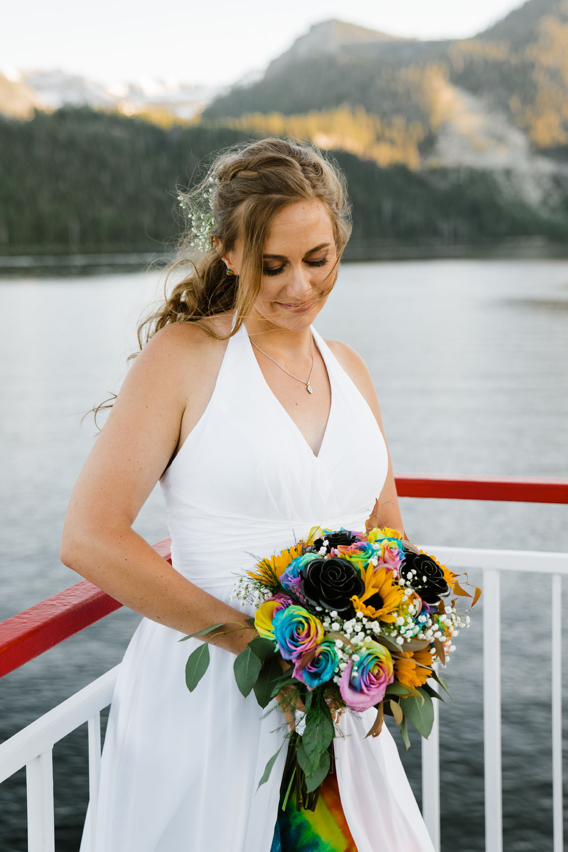 Tie dye wedding bouquet Zephyr Cove Wedding | South Lake Tahoe Wedding | Sonora Photographer | Yosemite Elopement Photographer Bessie Young