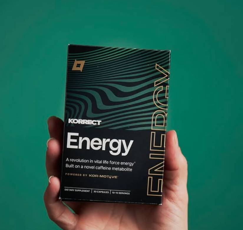 Korrect Energy capsule box powered by paraxanthine shown in hand