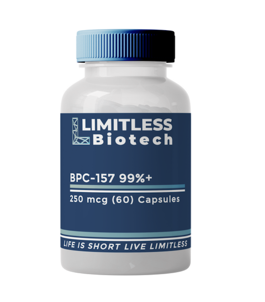 Limitless Life Nootropics oral BPC-157 capsules bottle showing peptide supplement used for gut healing, tissue repair, and recovery support.